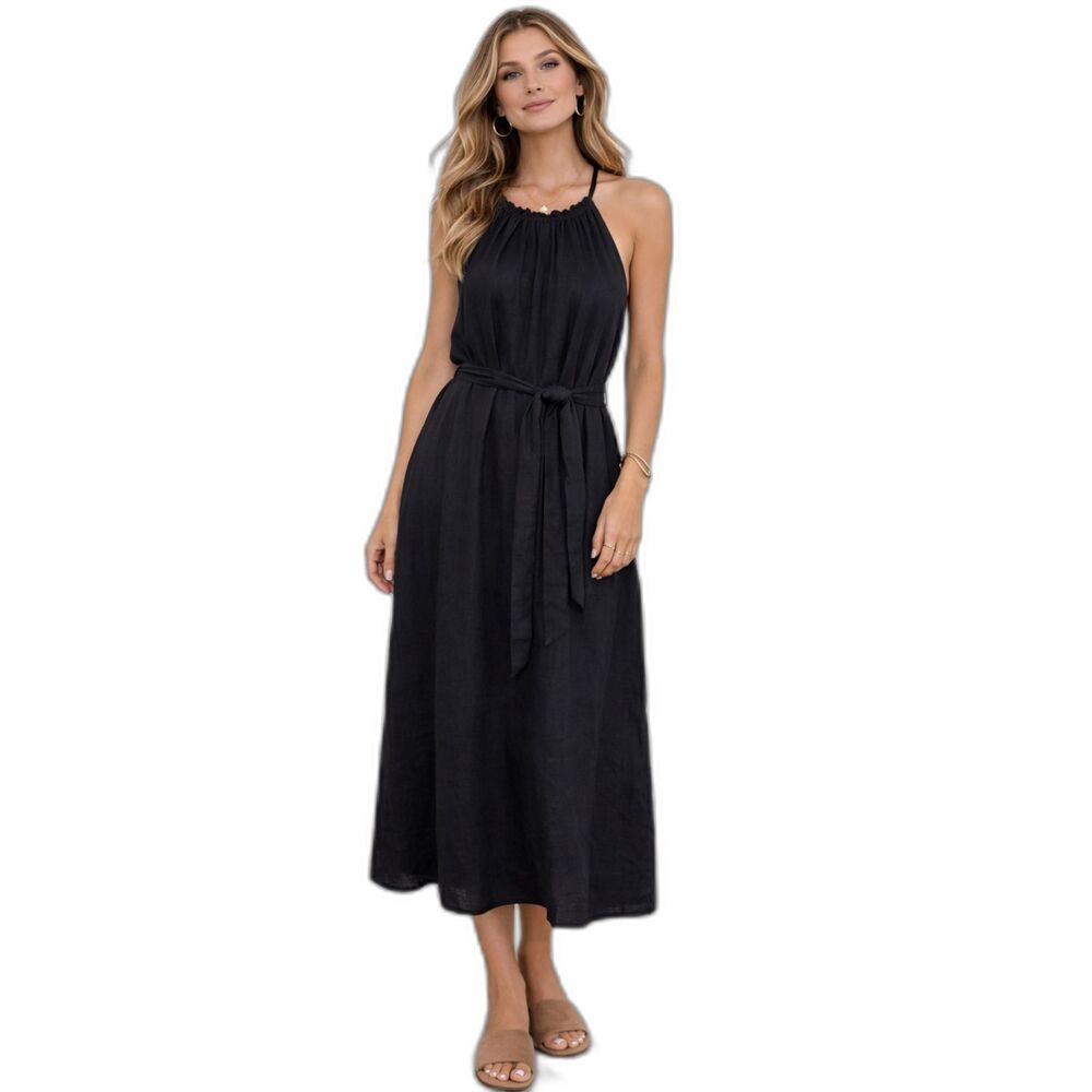 Gap Black Halter Midi Dress Size L Linen Blend Belted Relaxed Fit Flattering